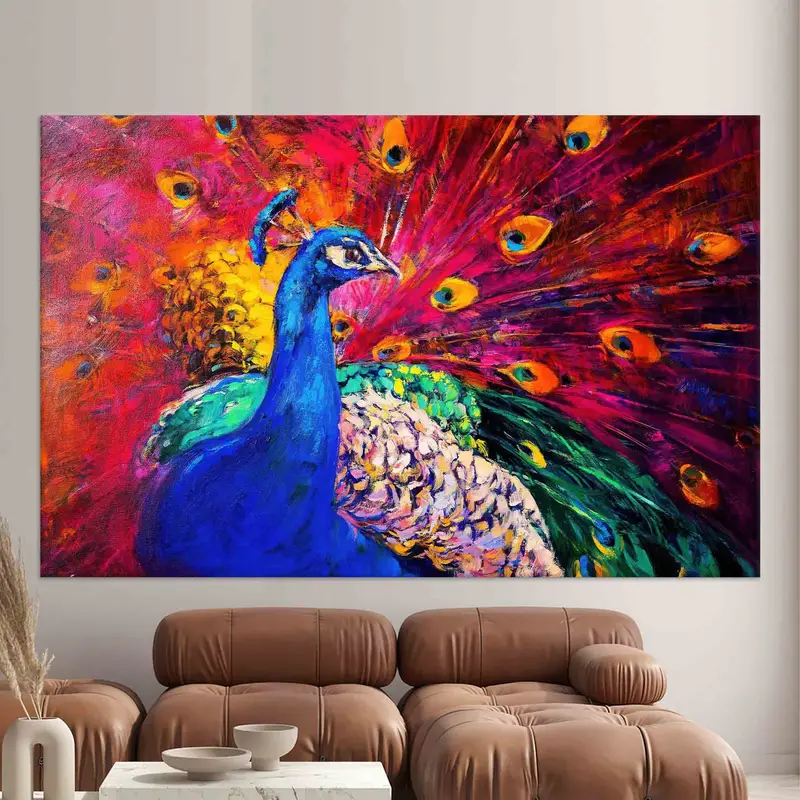 Vibrant Peacock Printed Canvas: Artistic Elegance Unleashed