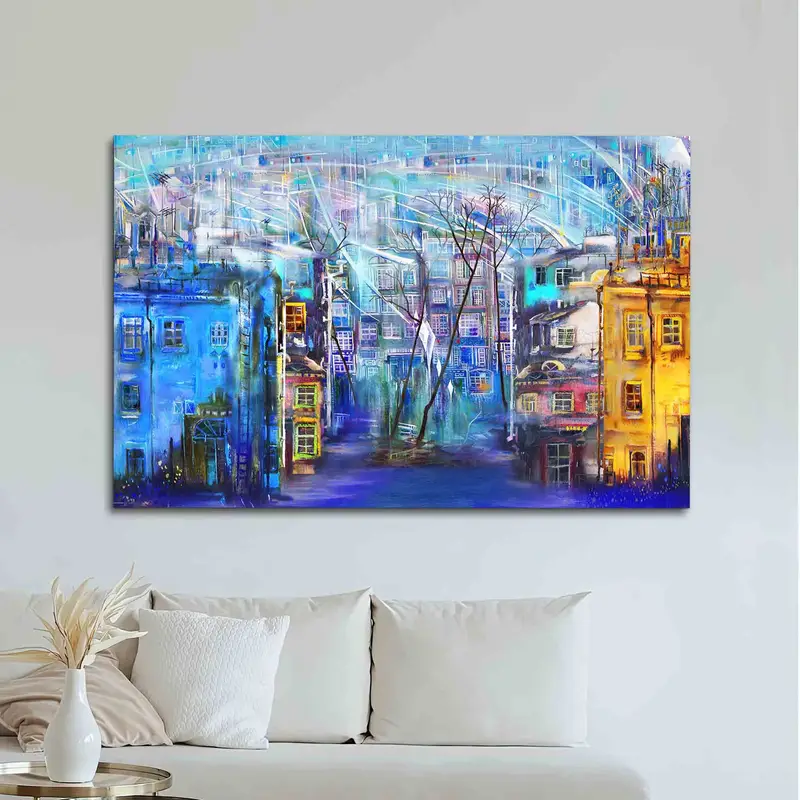 エレガントなプリント ガラス: 抽象的な青と黄色の油の風景