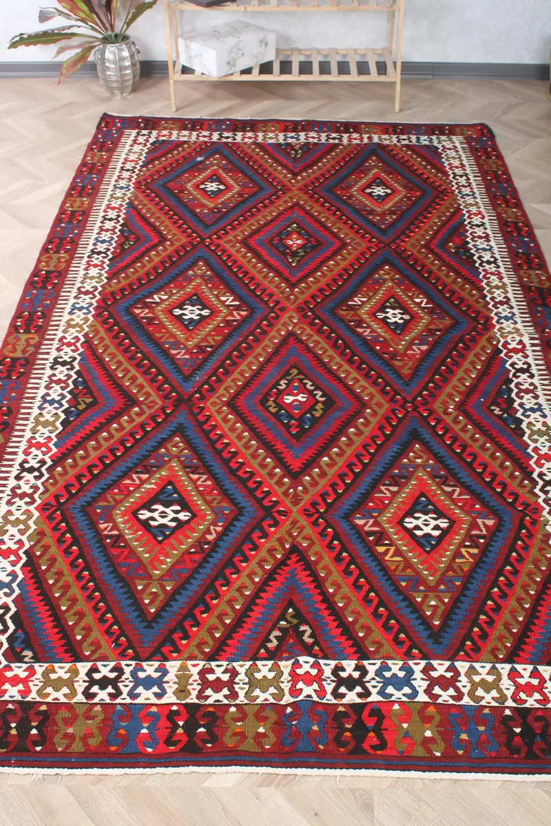 Alfombra Kilim turca de 5,8x9,8 pies, alfombra vintage, alfombra de lana de lunares rojos - 1