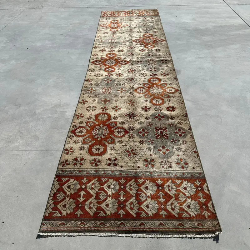 3x11.8 ft Turkish Oushak Rug, Beige Oriental Vintage Wool Rug - 1