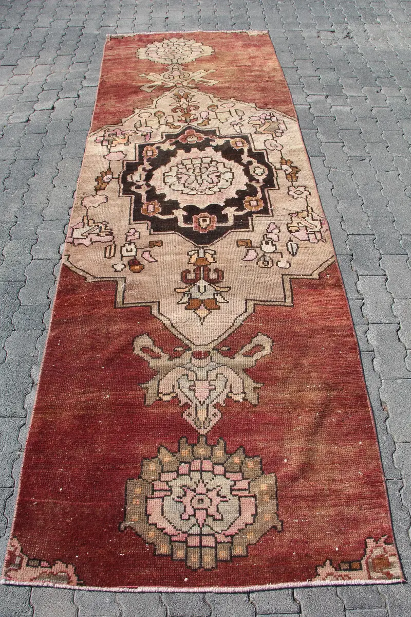 Turkish Vintage Oushak Runner Rug 3.3x10.2 ft, Red Striped Rug Wool - 1