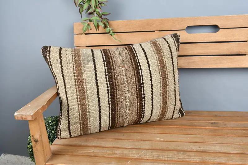 Ethnical Kilim Rug Pillow, Cushion Cover, Neutral Throw Cushion Cover, 16x24 Beige Pillow Case, Turkish Pillow, Pillow for Couch - 1