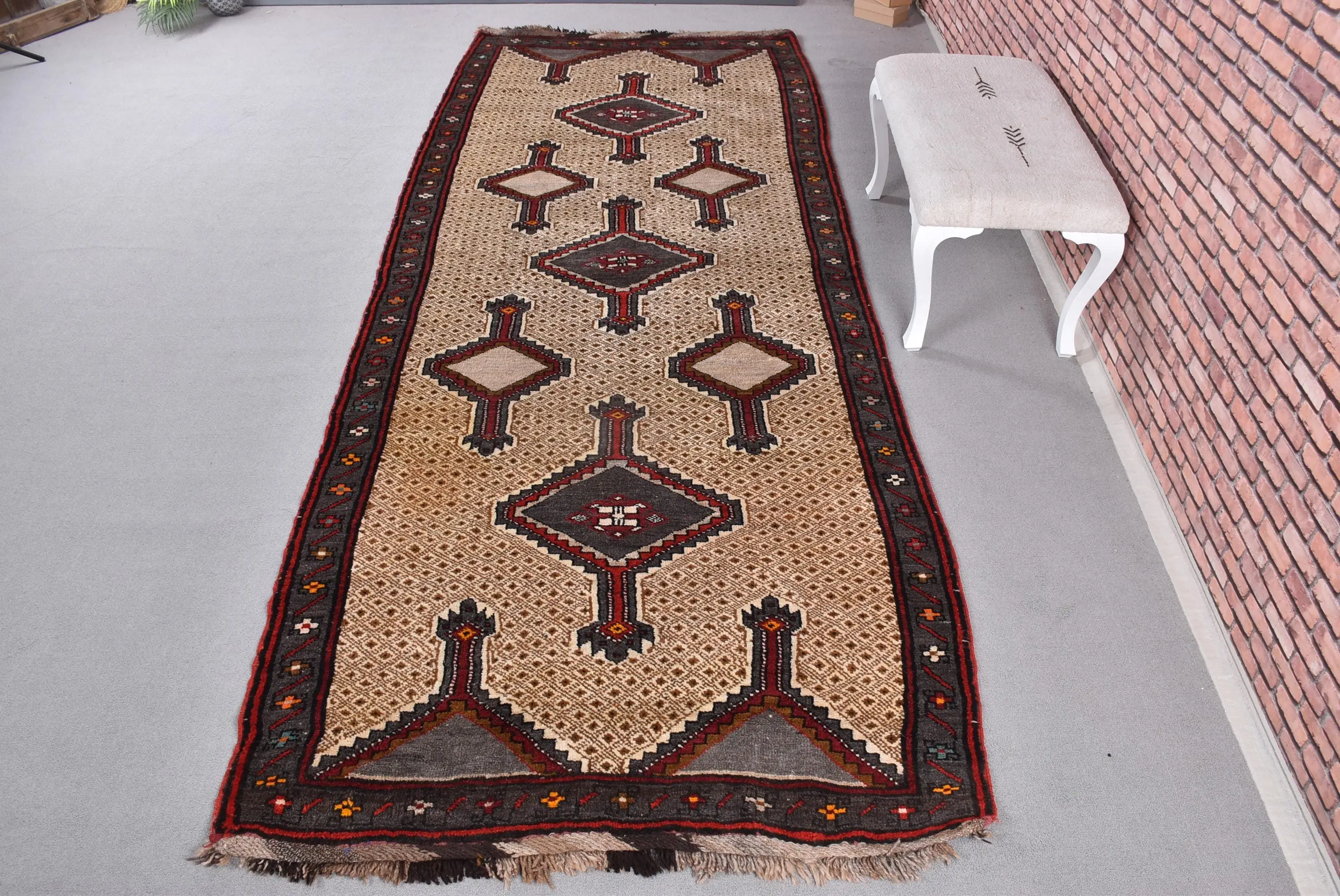 Vintage Runner Rug 4.6x11.8 ft, Turkish Brown Floral Wool Rug - 1