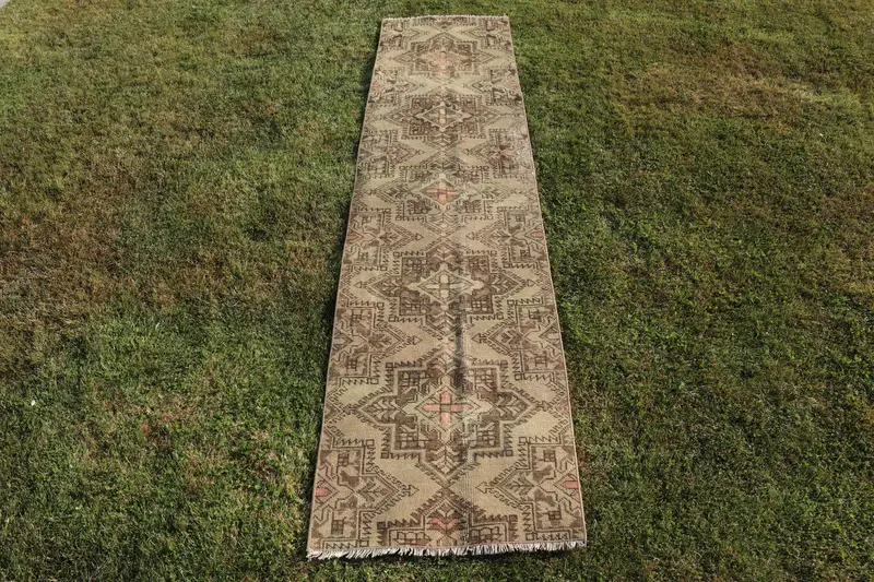 Vintage Oushak Halı 2.1x8.7 ft, Kahverengi Kırmızı Çizgili Yün Türk Halısı - 1