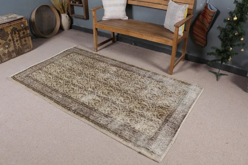 Vintage 3.9x6.7 ft Alan Halısı, Türk Halısı, Oushak Kahverengi Çiçekli Halı - 1