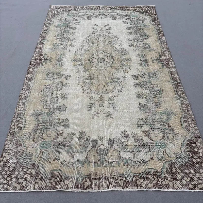 Vintage Oushak Rug 5.9x10 ft (181x306 cm), Brown Floral Turkish Rug - 1