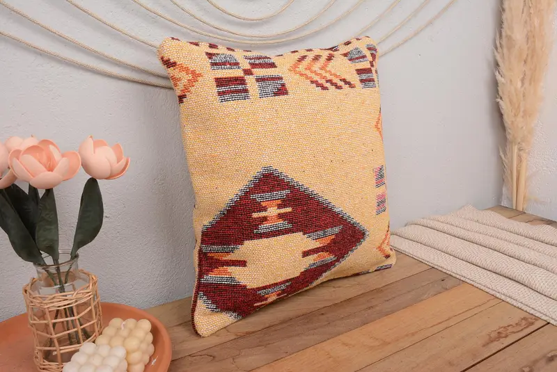 Pillow Cover, Turkish Pillow, 18x18 Beige Pillow Case, Meditation Pillow, Turkish Kilim Pillow, Interior Designer Pillow, Ethnic Cushion - 1