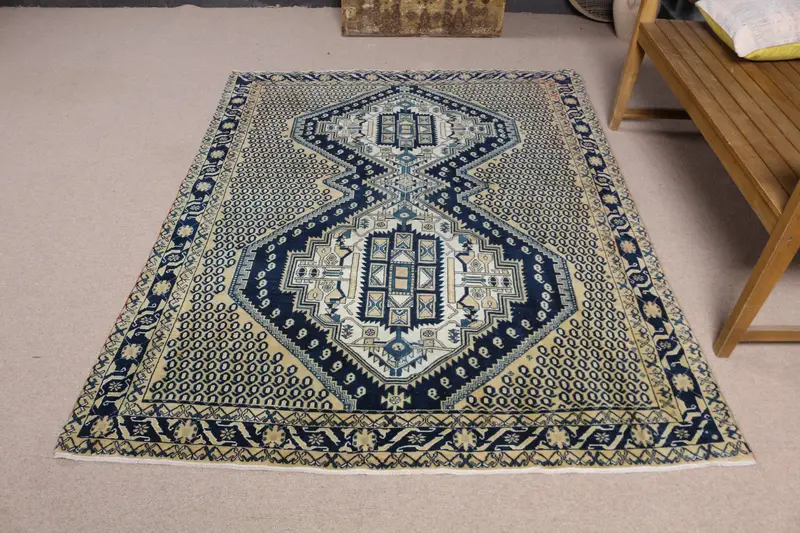 ブラウン & ブルー ストライプ ラグ、5x6 フィートの幾何学模様