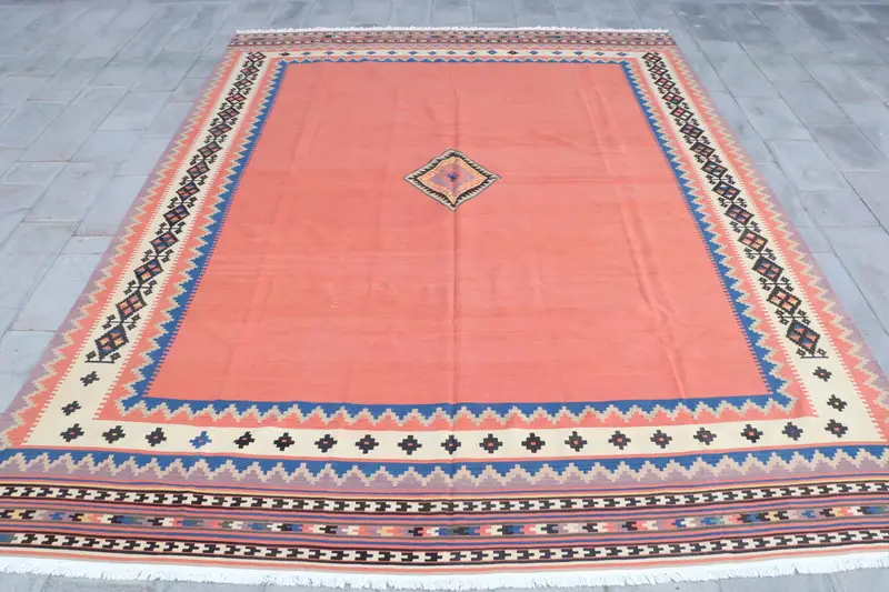 オレンジ&ベージュラグ、9.8x13フィートポルカドットデザイン