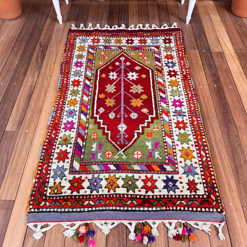 Vintage Rug, Accent 3x5.1 ft Turkish Rug, Red Green Polka dot Wool Rug - 1