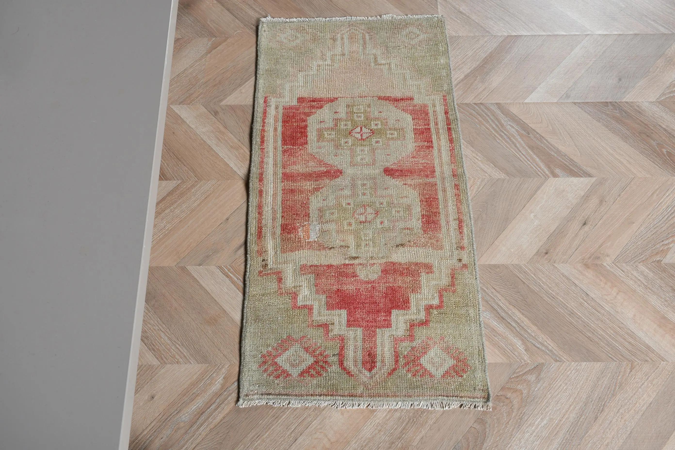 Turkish Vintage Rug 1.4x2.9 ft (44x88 cm), Red Wool Rug - 1