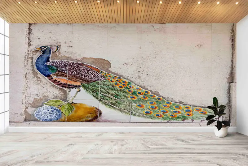 Papel pintado vintage con mosaico de pavo real: efecto 3D impreso para habitaciones elegantes