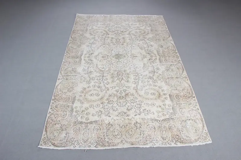 Oushak Rug, 5.5x8.9 ft Vintage Rug, White Abstract Rug Wool - 1