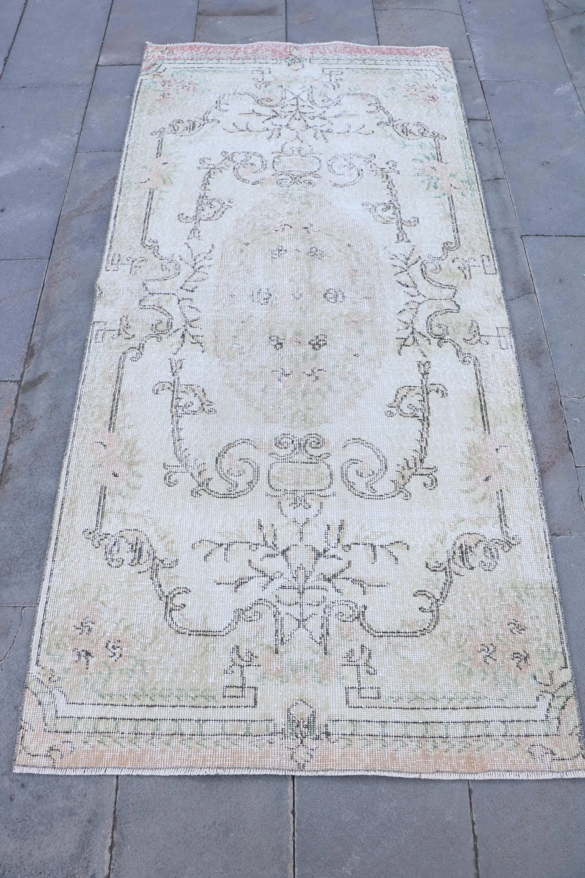 Turkish Accent Rug, 3.3x6.9 ft Vintage Rug, White Plants & trees Wool Rug - 1