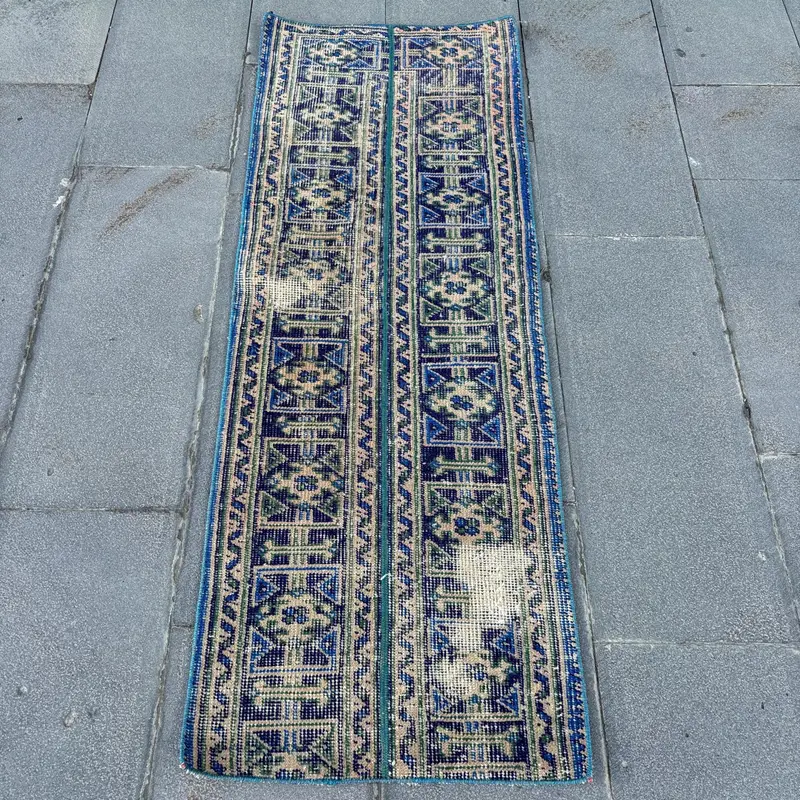 Oushak Turkish Rug, 1.7x5 ft Vintage Rug, Blue Solid Wool Rug - 1