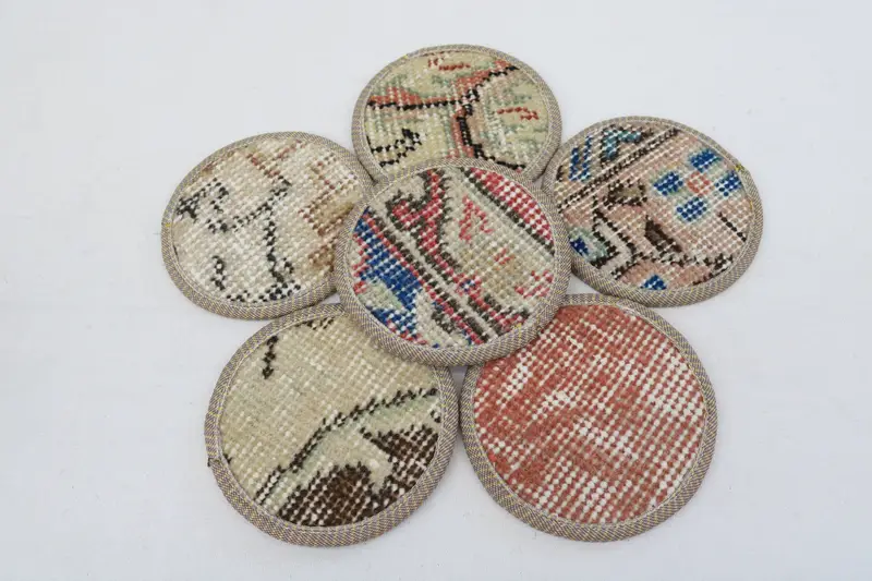 Bohemian Beige and Red Round Coasters, Set of Six Coasters