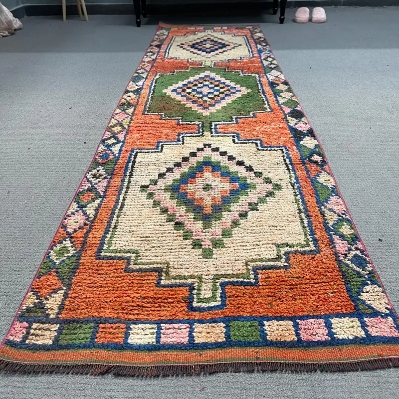 2.5x9.4 ft Herki Rug, Turkish Vintage Rug, Red Green Solid Rug - 1