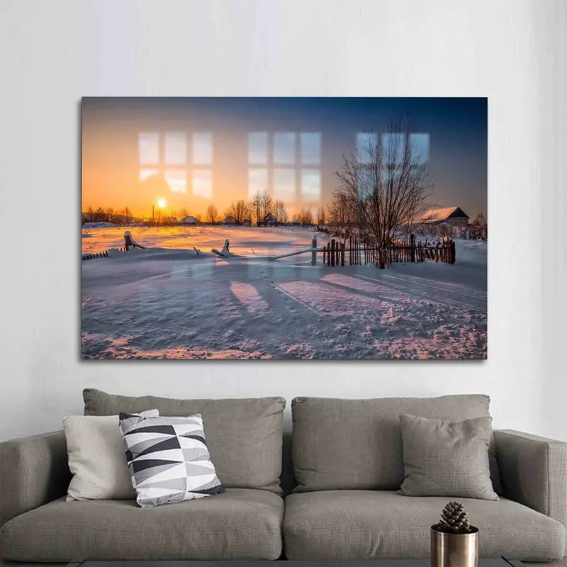 エレガントなプリントガラス：夕焼けと冬の風景