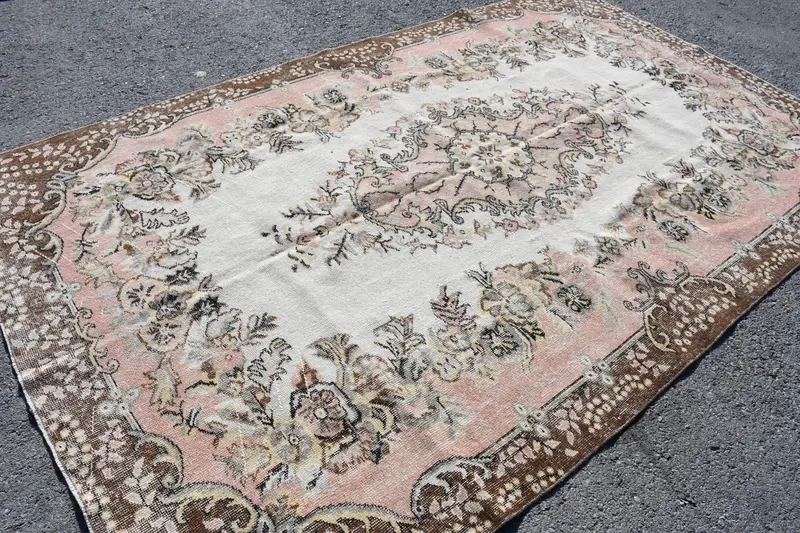 Turkish Rug, Large 6x9.7 ft Vintage Rug, Pink Plants & trees Wool Rug - 1