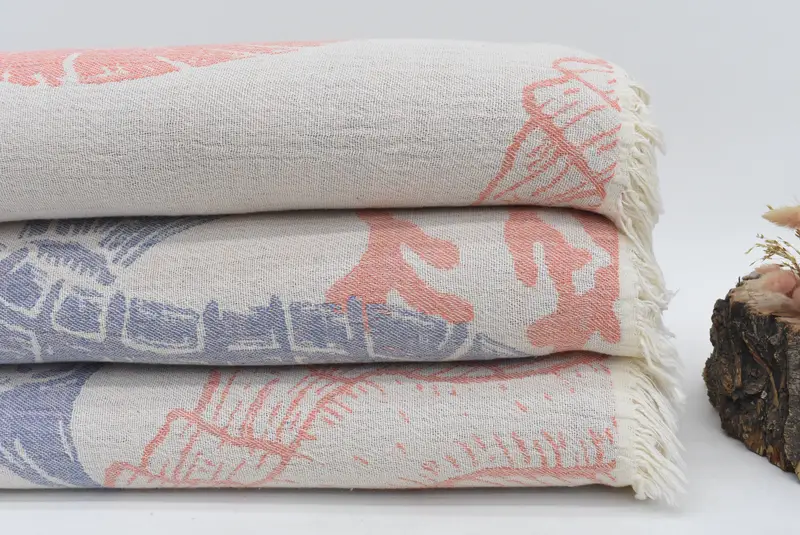 Woven Blanket, Boho Throw Blankets, Turkish Blanket, Valentines Day Gift Idea, 88x64 Cotton Underwater Animals Design Towel, Turkish Towel Blanket - 1