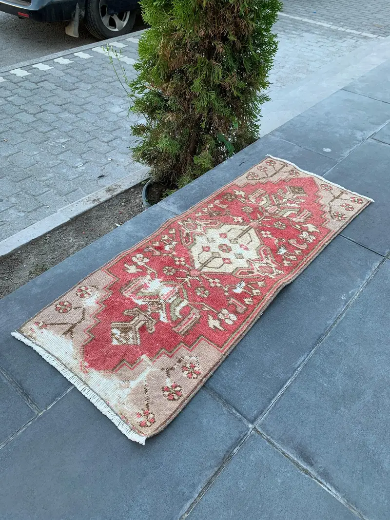 Turkish Vintage Rug, 1.2x3.2 ft Small Rug, Red Brown Rug - 1