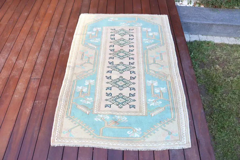 3x4.4 ft Halı, Türk Vintage Küçük Halı, Mavi Oushak Yün Halı - 1