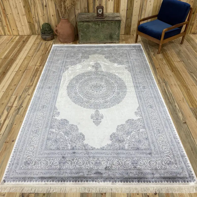 Türkischer Vintage-Teppich 6,3 x 6,7 Fuß (193 x 203 cm), abstrakter Oushak-Blau-Weiß-Teppich - 1