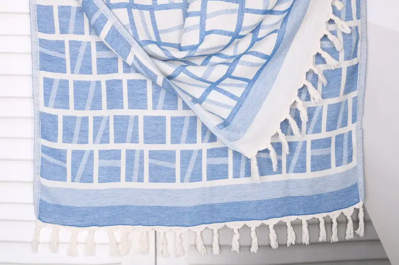 Housewarming Gift Sax Blue Cotton Towel Patterned, 34x69 Inches