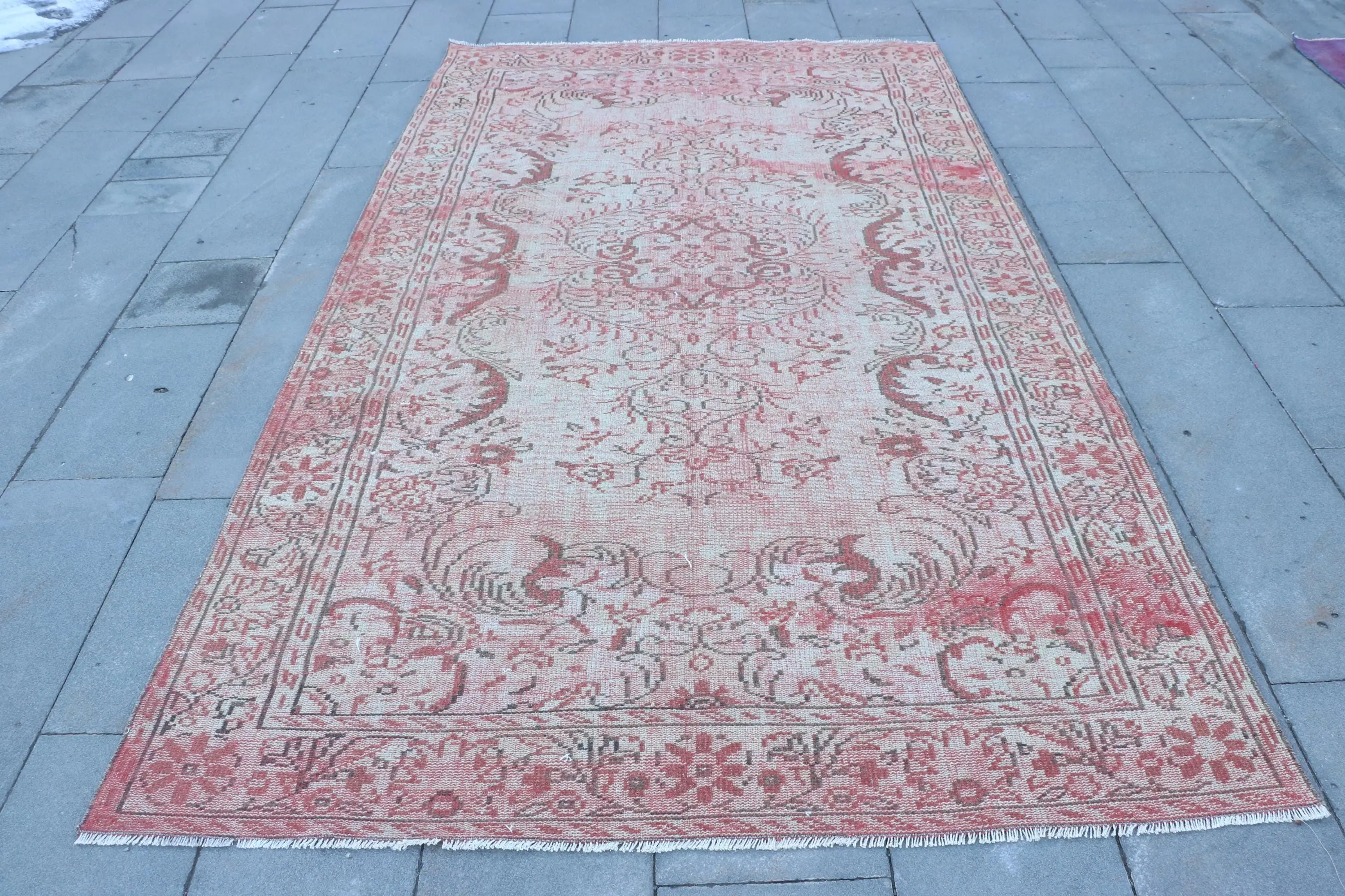 Türk Halısı, Büyük 5.3x9.2 ft Vintage Halı, Kırmızı Bitkiler ve ağaçlar Yün Halı - 1