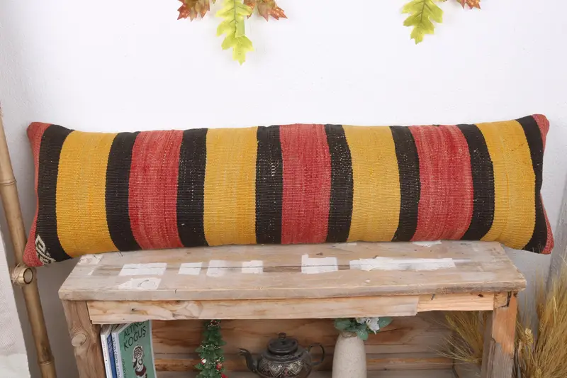 Throw Kilim Pillow, 12x43 Yellow Cushion Cover, Pillow for Sofa, Pillow Sham, Indoor Cushion, Turkish Pillow, Bolster Pillow Sham - 2