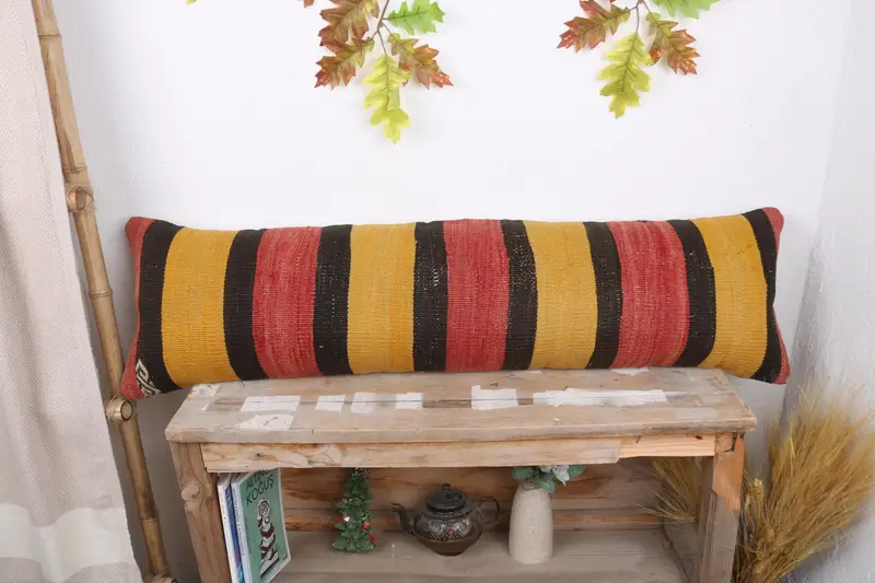 Throw Kilim Pillow, 12x43 Yellow Cushion Cover, Pillow for Sofa, Pillow Sham, Indoor Cushion, Turkish Pillow, Bolster Pillow Sham - 1