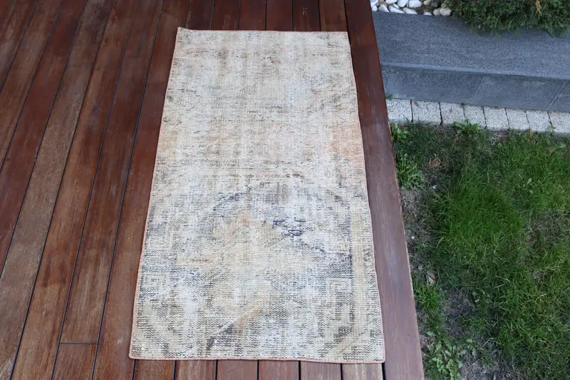 El Yapımı Turuncu ve Mavi Kareli Halı, 1,9x3,6 ft