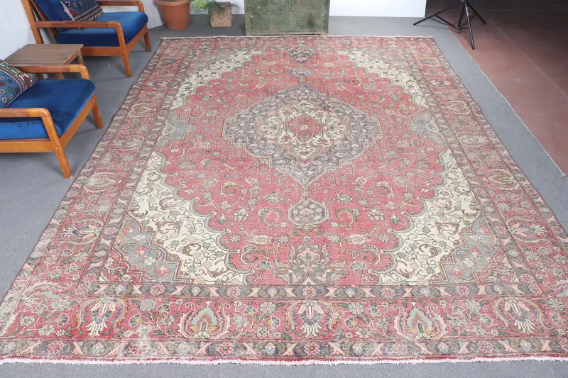 Vintage Türk Halısı, 9.4x12.6 ft Oushak Halısı, Kırmızı Mavi Bitkiler ve ağaçlar Halısı - 1