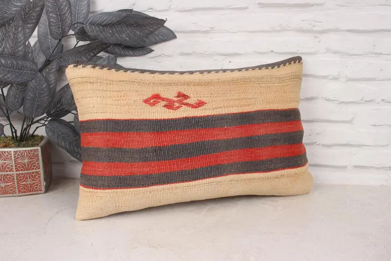 Boho Pillow Sham Cover, Ethnical Kilim Rug Pillow, Vintage Kilim Pillow, One Of A Kind Pillow, Pillow, 12x20 Beige Pillow Cover - 3