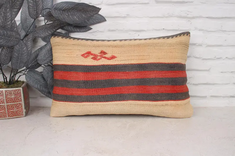 Boho Pillow Sham Cover, Ethnical Kilim Rug Pillow, Vintage Kilim Pillow, One Of A Kind Pillow, Pillow, 12x20 Beige Pillow Cover - 1