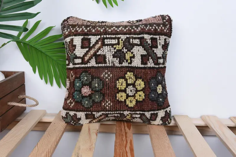 Pillow for Couch, Handmade Rug Seat Cushion Cover, 12x12 Red Cushion Cover, Turkish Kilim Pillow, Ethnical Kilim Rug Pillow, Pillow Case - 1
