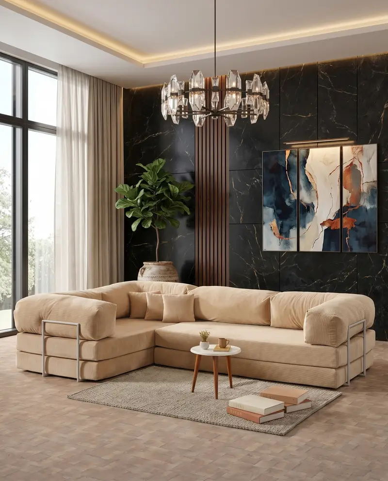 Modern Minimal Sofa, Luxury Lounge Couch, Soft Seating Sofa, Beige Velvet Sofa, Soft Floor Couch, Boho Floor Sofa, Sectional Floor Sofa, product image