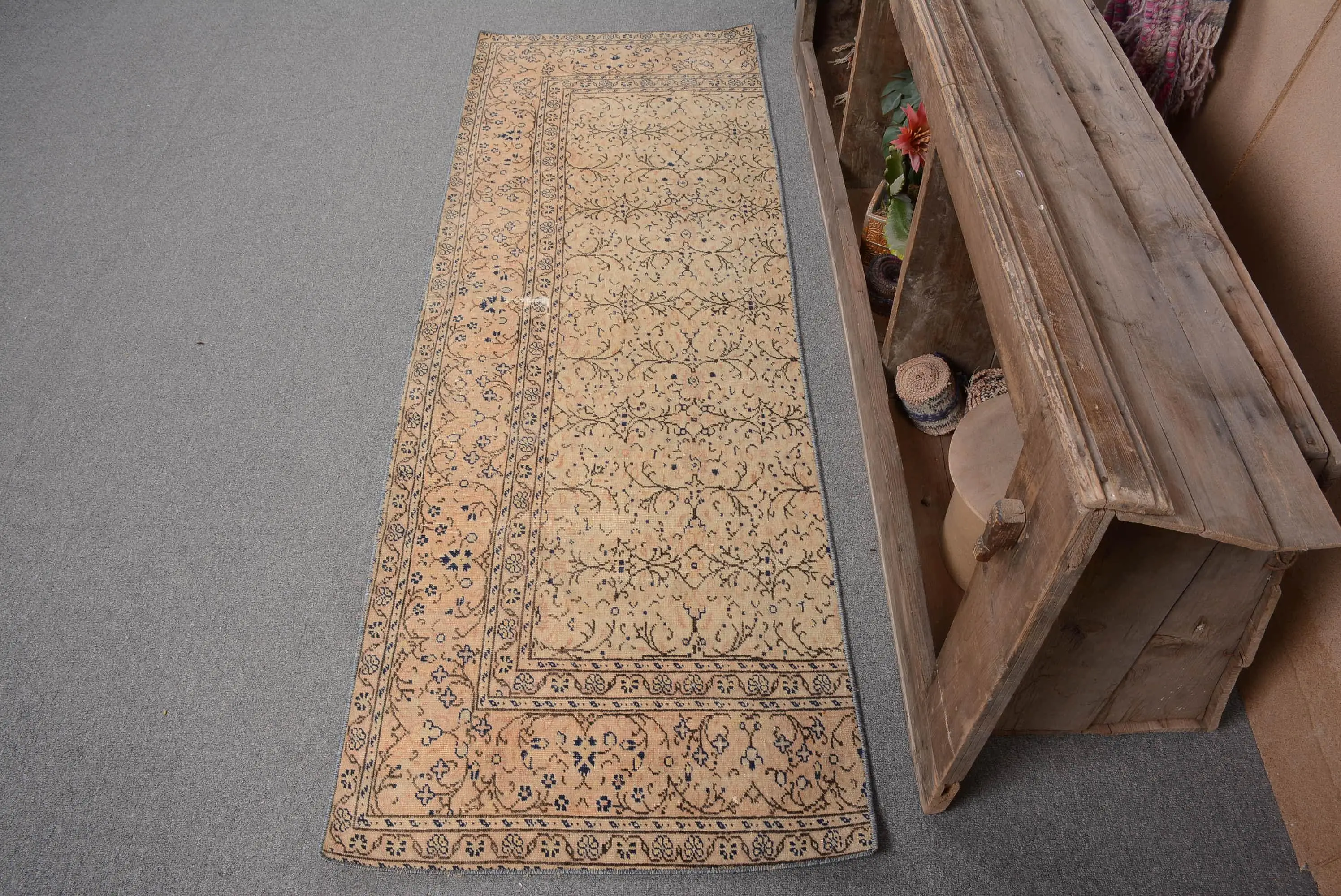 Turkish Runner Rug, 2.2x6.4 ft Vintage Rug, Brown Bordered Wool Rug - 1