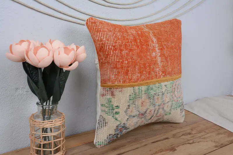 Pillow, Meditation Pillow Sham, Boho Pillow, Gift Pillow, Kilim Pillow, 16x16 Orange Pillow Sham, Wholesale Pillow Cover, Art Deco Pillow Cover - 1