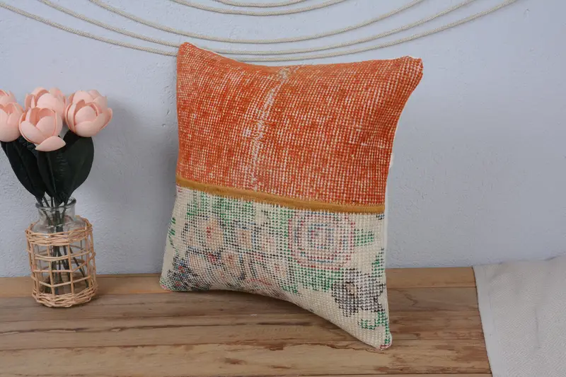 Pillow, Meditation Pillow Sham, Boho Pillow, Gift Pillow, Kilim Pillow, 16x16 Orange Pillow Sham, Wholesale Pillow Cover, Art Deco Pillow Cover - 4