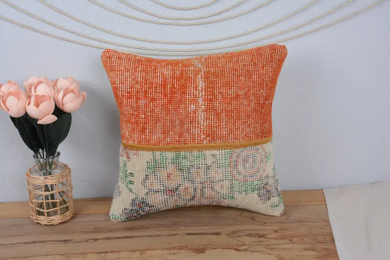 Pillow, Meditation Pillow Sham, Boho Pillow, Gift Pillow, Kilim Pillow, 16x16 Orange Pillow Sham, Wholesale Pillow Cover, Art Deco Pillow Cover - 2