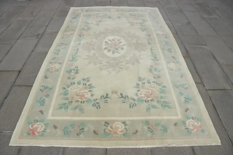 Oushak Rug, 5x7.9 ft Vintage Rug, White Check Rug Wool - 1