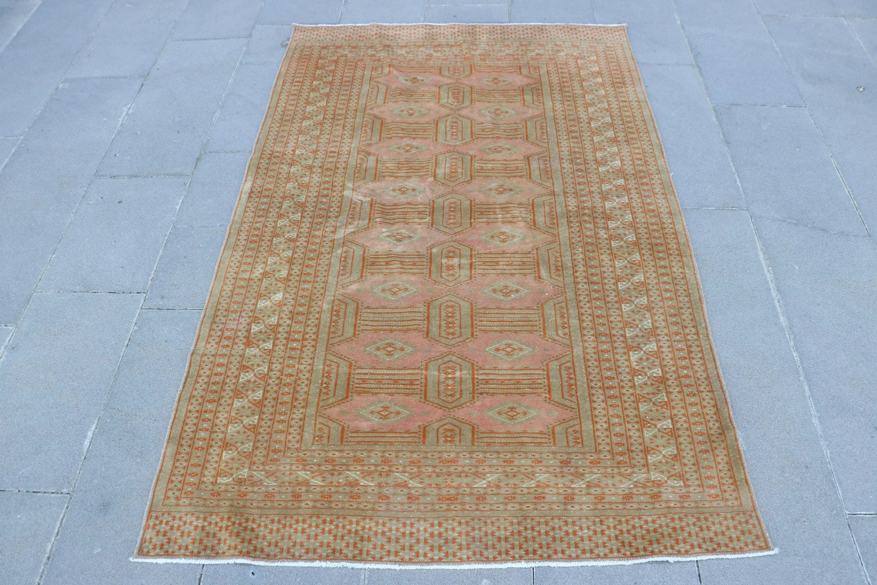 3.9x6.1 ft Turkish Rug, Vintage Accent Rug, Orange Brown Check Wool Rug - 1