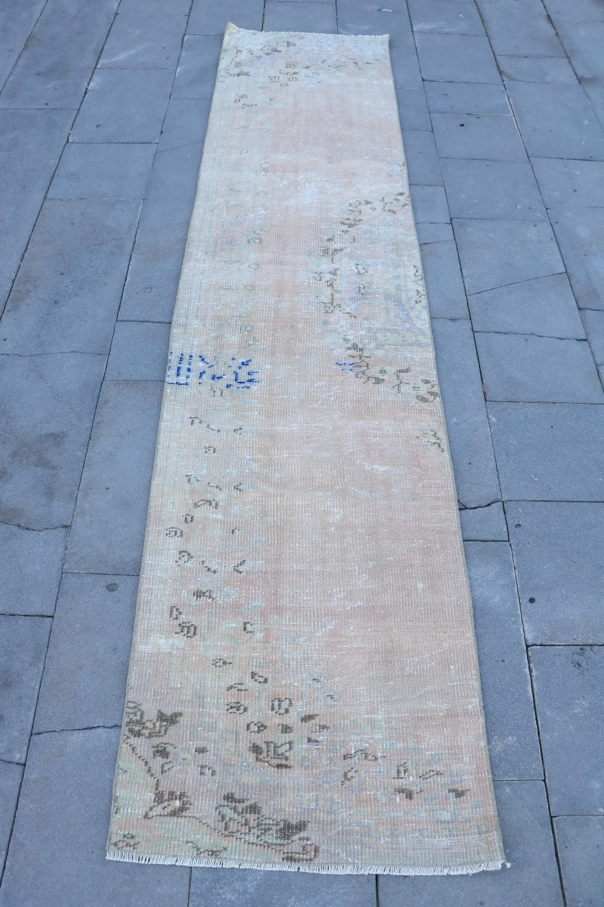 2.1x9.3 ft Rug, Turkish Vintage Rug, Brown Blue Floral Rug - 1