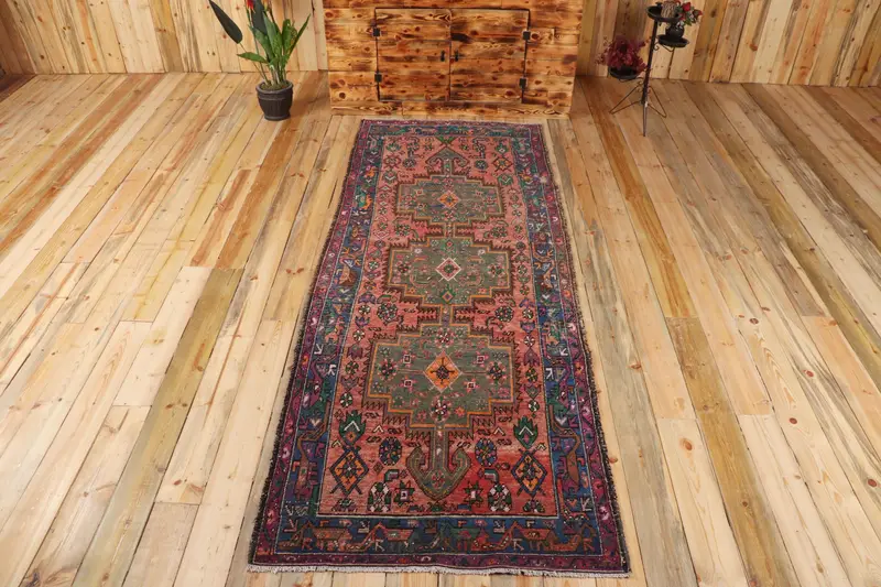 3.4x9.2 ft Rug, Runner Turkish Rug, Red Oushak Patchwork Rug - 1