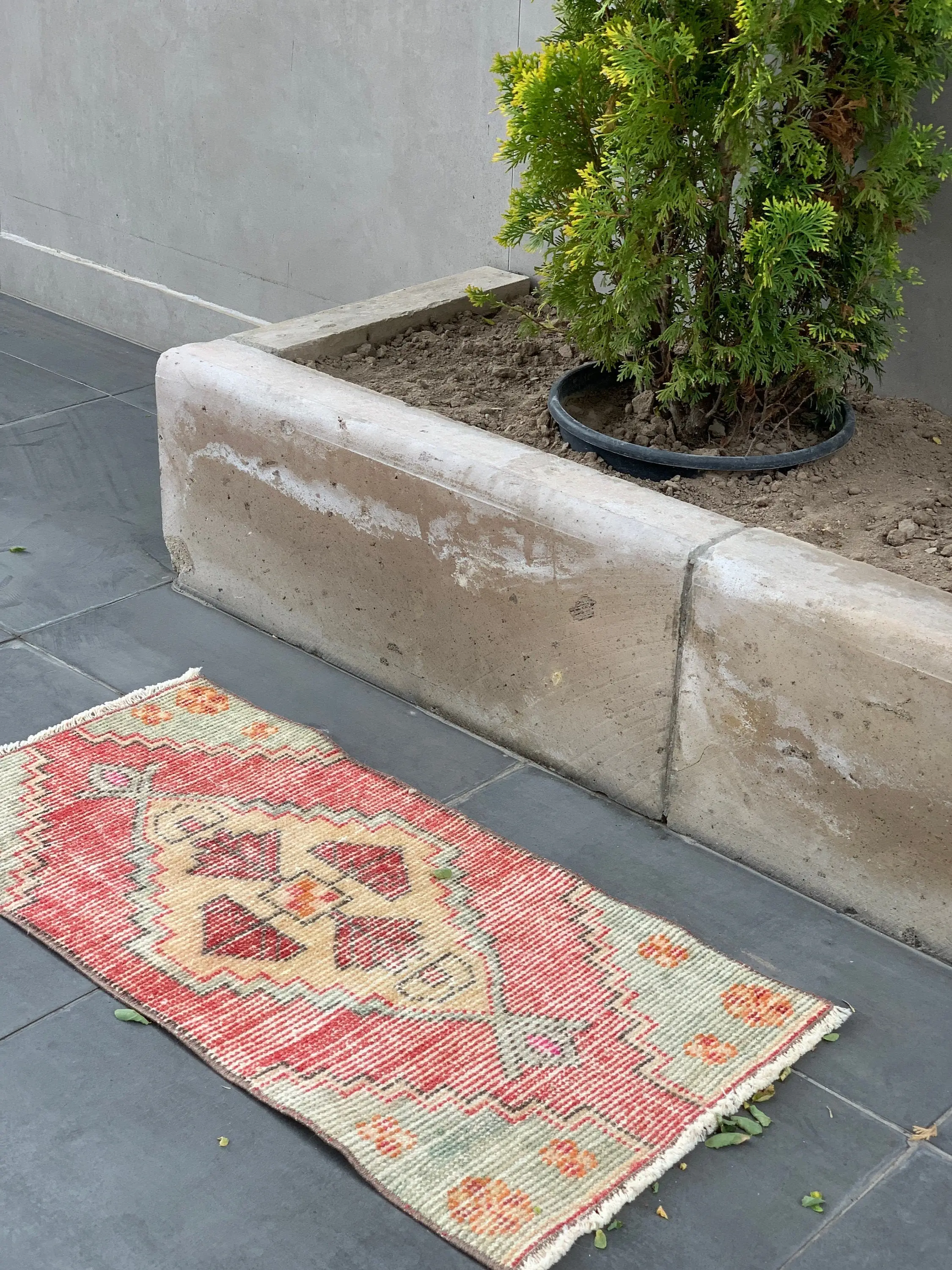 Turkish Vintage Rug 1.4x2.8 ft (42x85 cm), Red Yellow Rug - 1