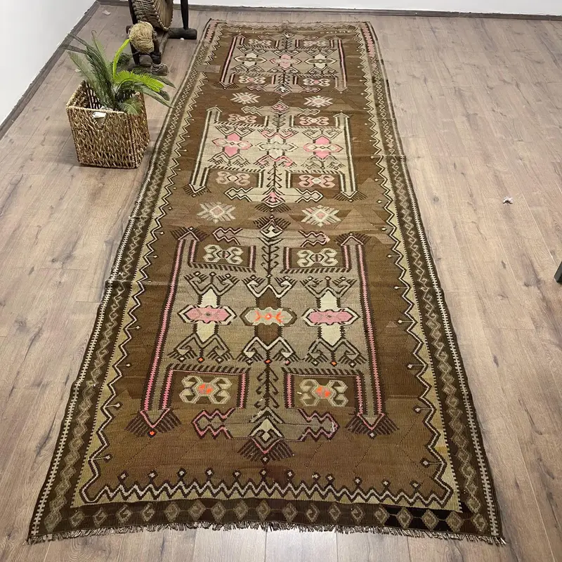 Turkish 4.1x12.2 ft Rug, Kilim Vintage Rug, Brown Floral Rug Wool - 1