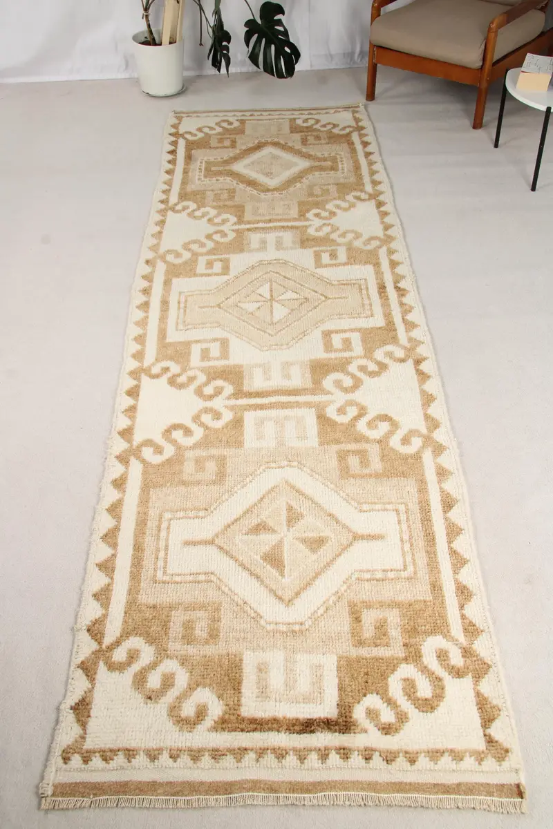 Vintage 3.3x11.5 ft Runner Halı, Türk Halısı, Herki Bej Fas Halısı - 1