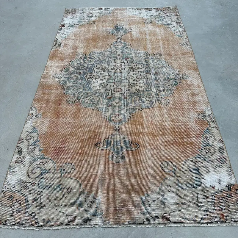 Canlı Turuncu Halı, Geometrik ve Çiçek Motifleri 4,6x8,3 ft