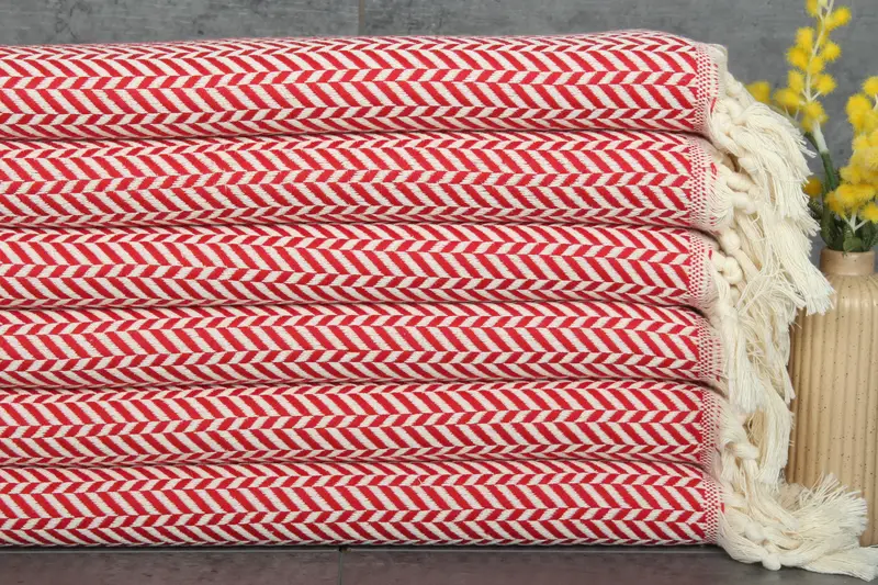 Red Turkish Cotton Dish Towel, Herringbone Weave, Beige, 18x36 Inches